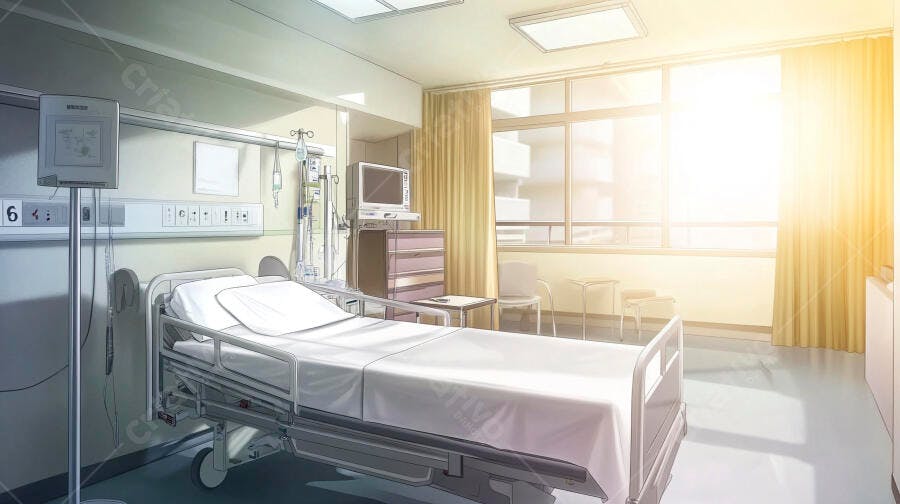 Quarto de hospital vazio com cama médica e luz do sol matinal
