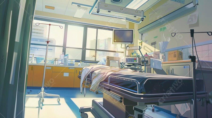 Quarto de hospital moderno com maca vazia equipamentos e janelão iluminado
