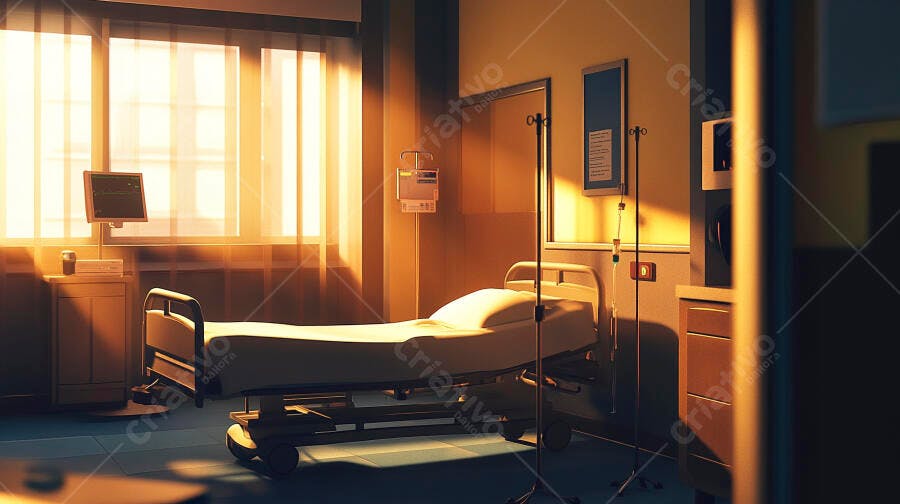 Quarto de hospital vazio com cama e luz solar acolhedora pela janela