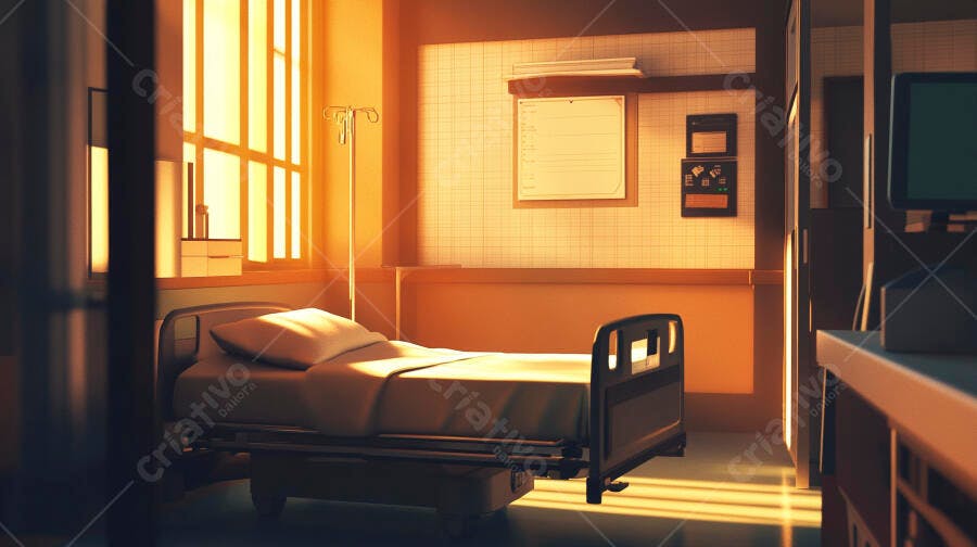 Quarto de hospital vazio iluminado pelo sol da manhã