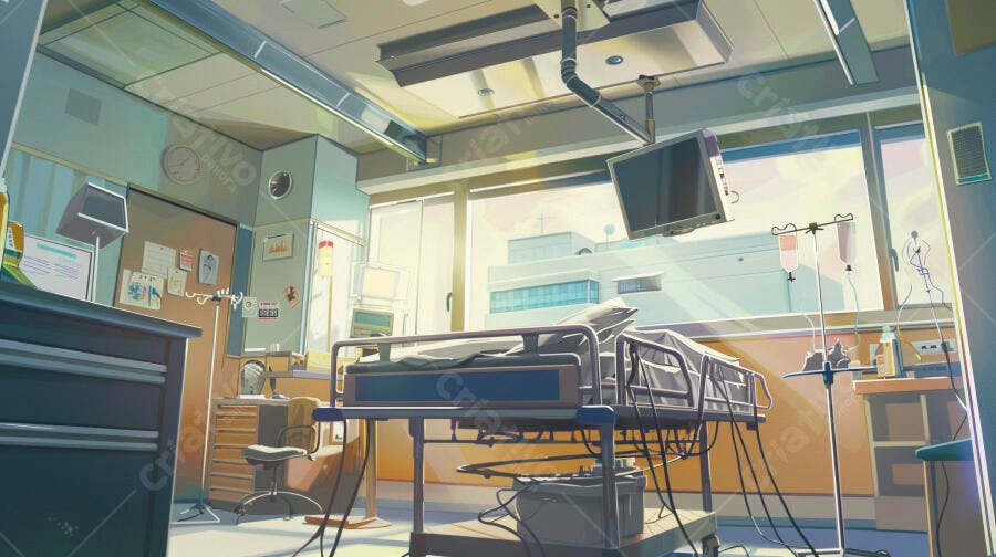 Quarto de hospital vazio com cama médica e luz do sol matinal