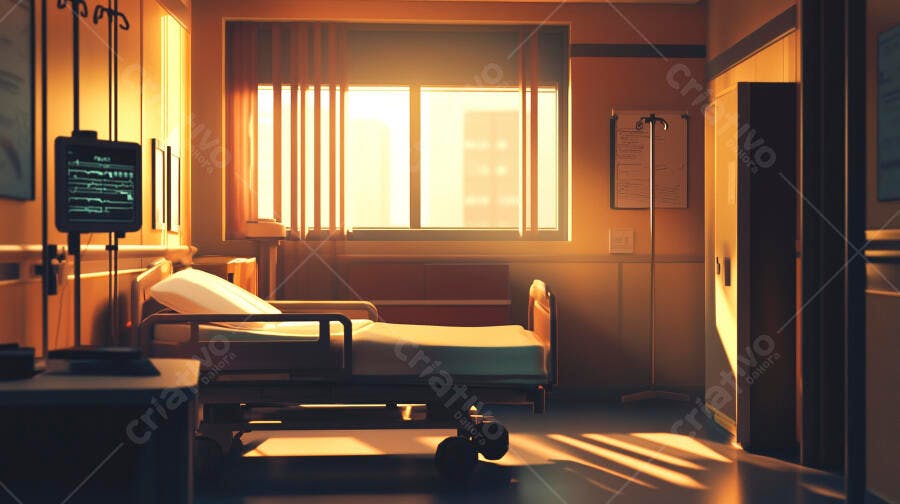 Quarto de hospital vazio cama monitor luz solar dourada da manhã