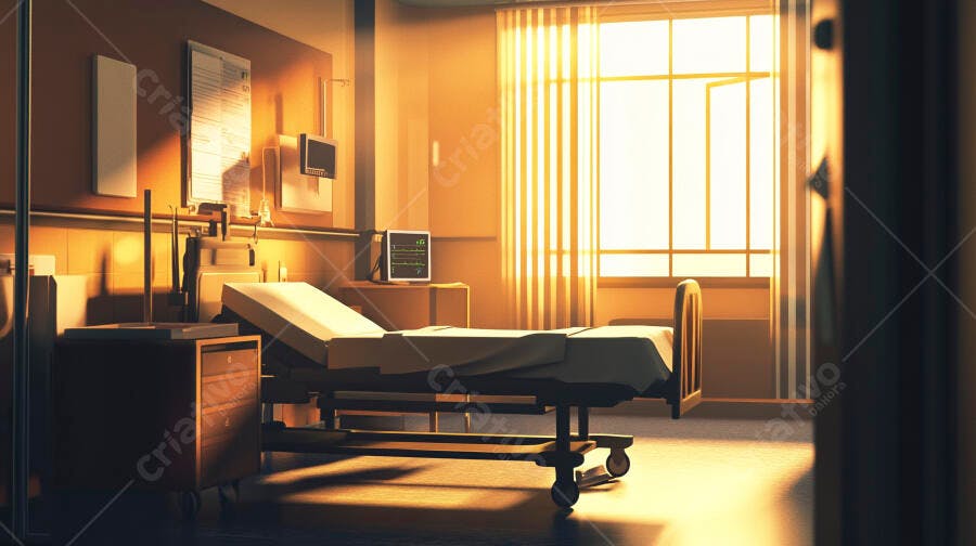 Quarto de hospital iluminado pelo sol da manhã com cama vazia e monitor médico