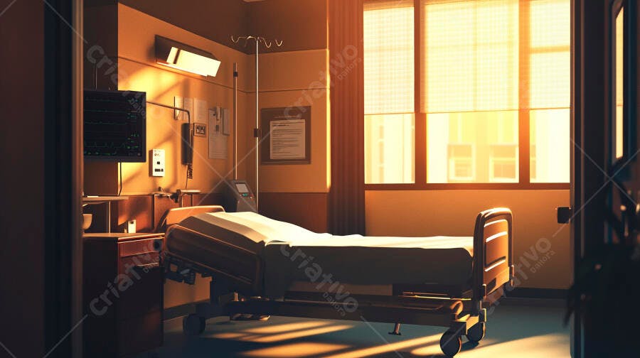Quarto de hospital vazio com luz dourada do sol da manhã através da janela