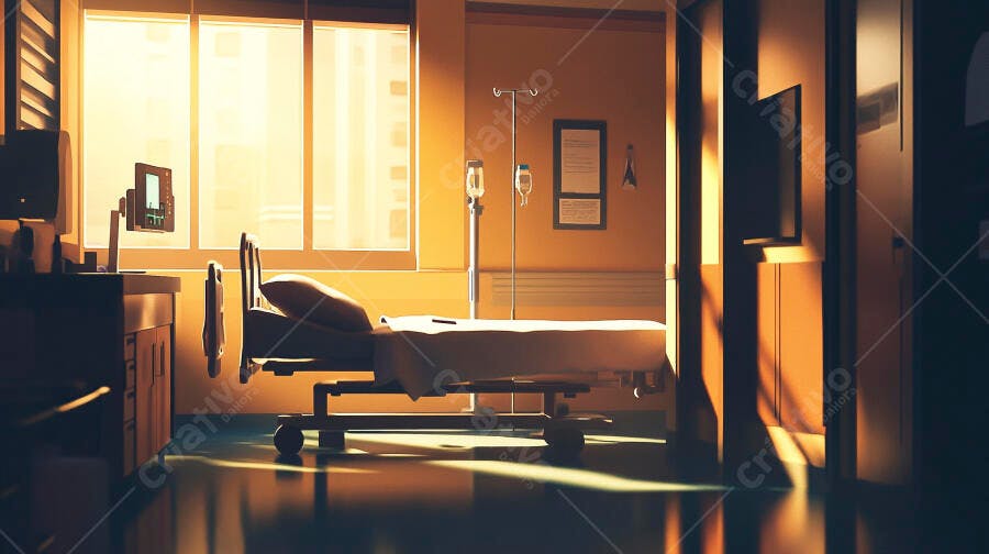 Quarto de hospital vazio com luz solar dourada ao amanhecer