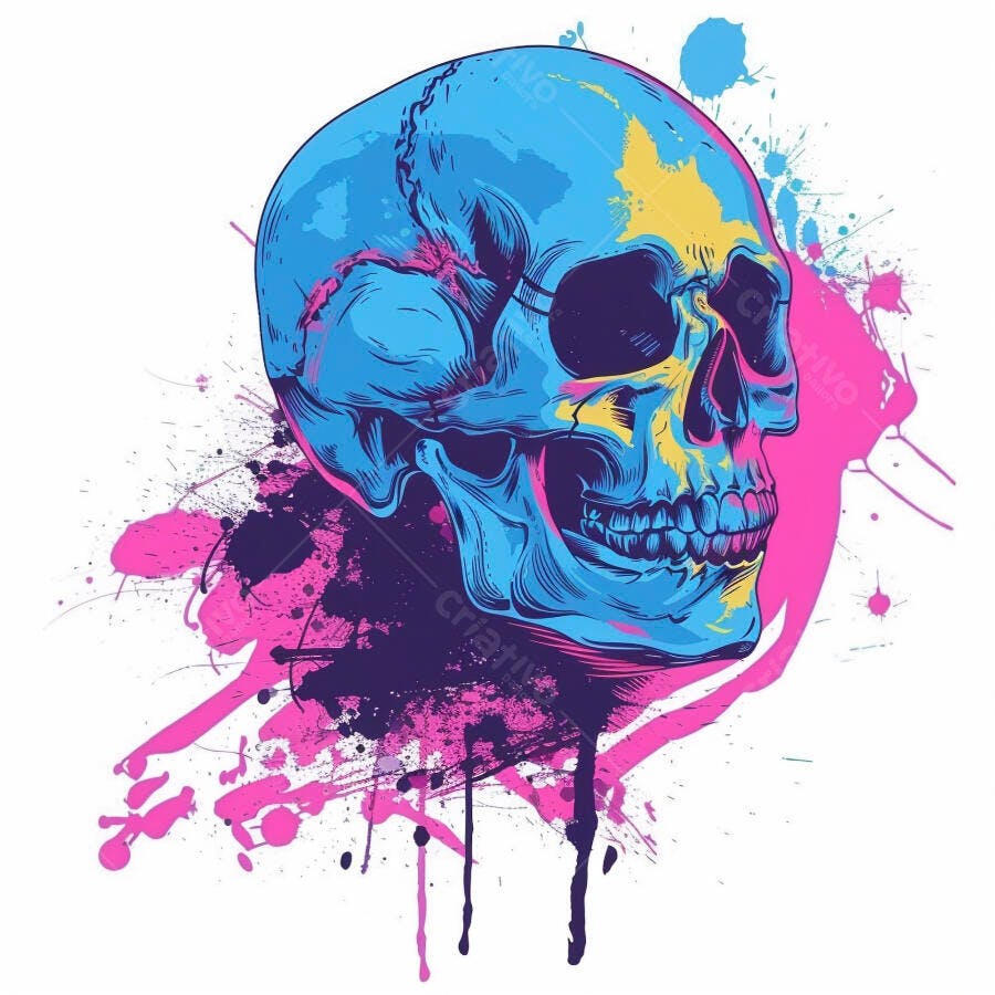 Crânio azul vibrante com respingos de tinta rosa e roxa estilo pop art
