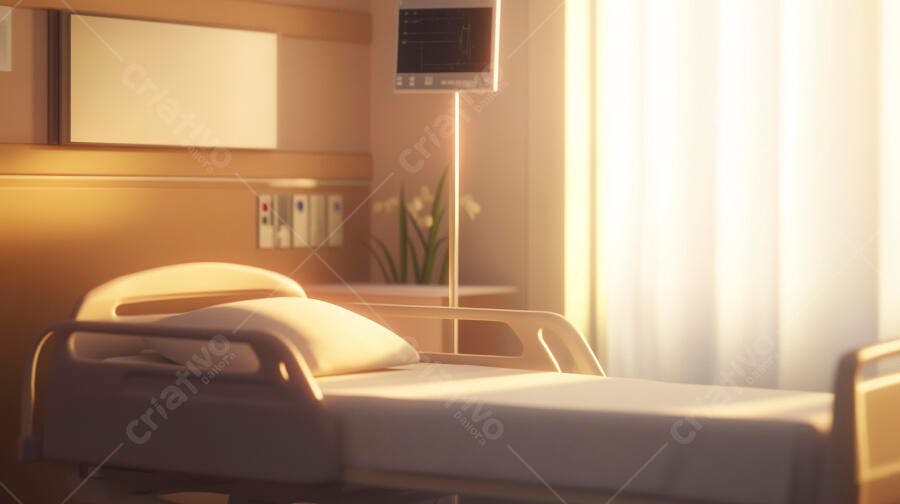 Leito de hospital branco e bege com monitor médico e luz dourada da manhã