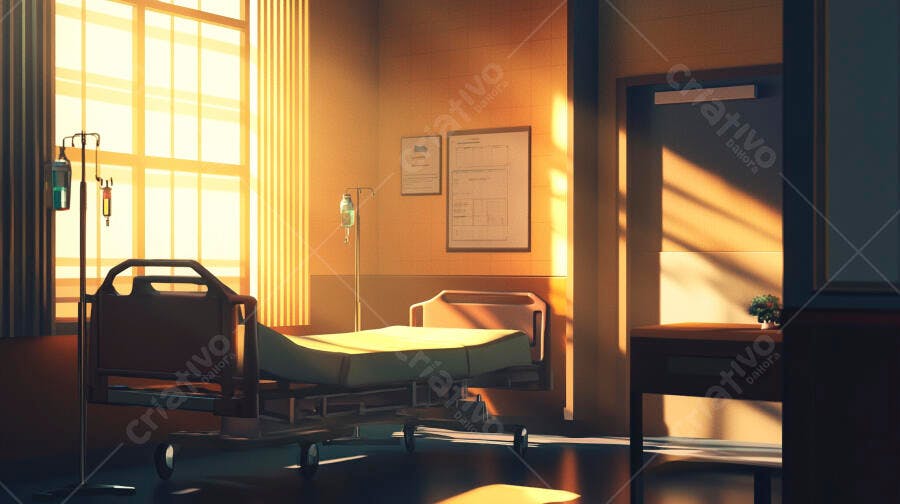 Quarto de hospital vazio iluminado por luz dourada do sol da manhã