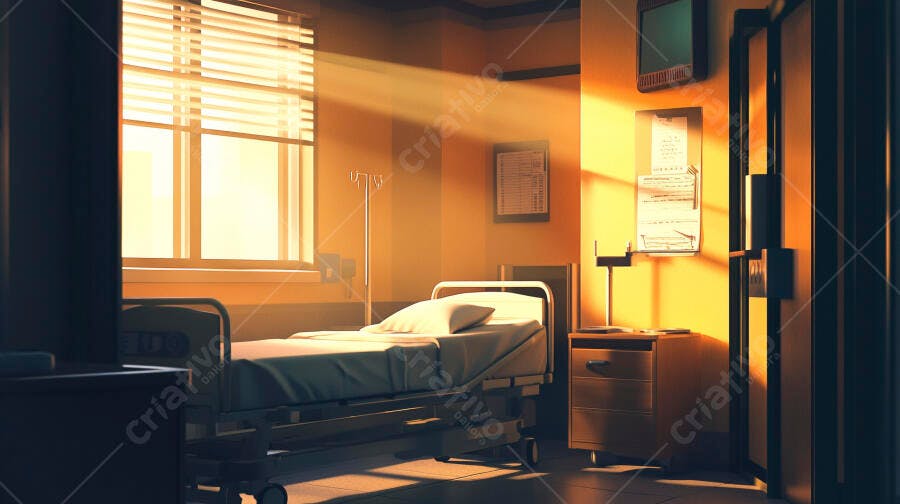 Quarto de hospital vazio com luz solar dourada através das persianas