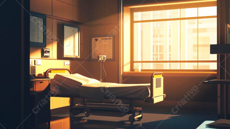Quarto de hospital vazio com luz solar dourada na janela
