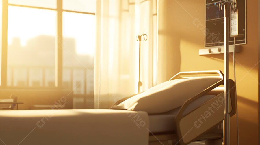 Quarto de hospital vazio iluminado pelo sol da manhã