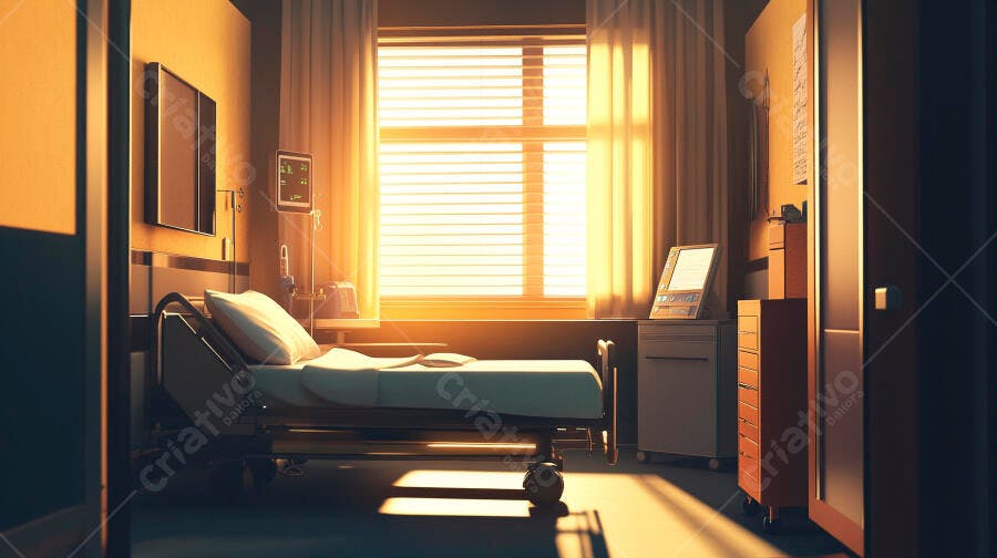 Quarto de hospital vazio iluminado pelo sol da manhã