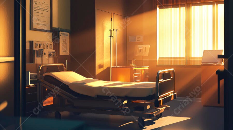 Quarto de hospital vazio com cama médica e luz solar quente entrando pela janela