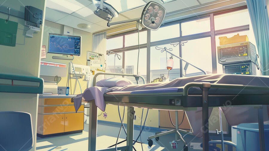 Quarto de hospital moderno com equipamentos médicos e luz natural ao amanhecer
