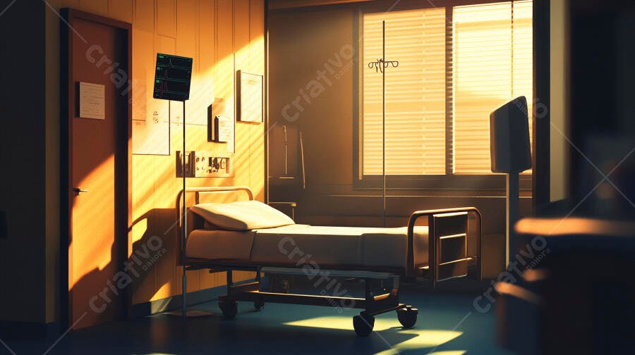 Quarto de hospital vazio com luz solar dourada ao amanhecer