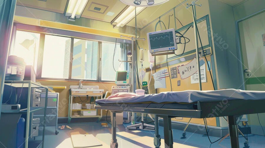 Sala de recuperação de hospital iluminada pelo sol com monitores