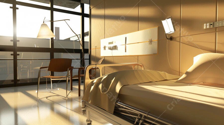 Quarto de hospital moderno com luz solar dourada e cama vazia ao amanhecer