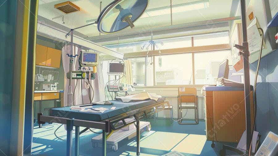 Sala de hospital vazia com equipamentos médicos e luz do sol amarela