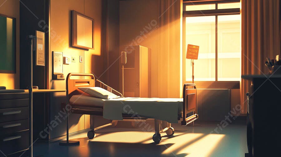 Quarto de hospital vazio com luz solar dourada intensa