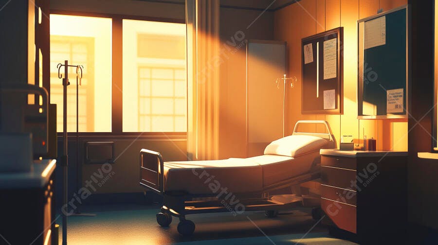 Quarto de hospital vazio com luz dourada do sol da manhã