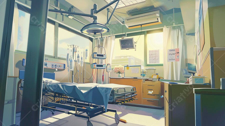 Quarto de hospital vazio com luz solar e equipamentos médicos modernos
