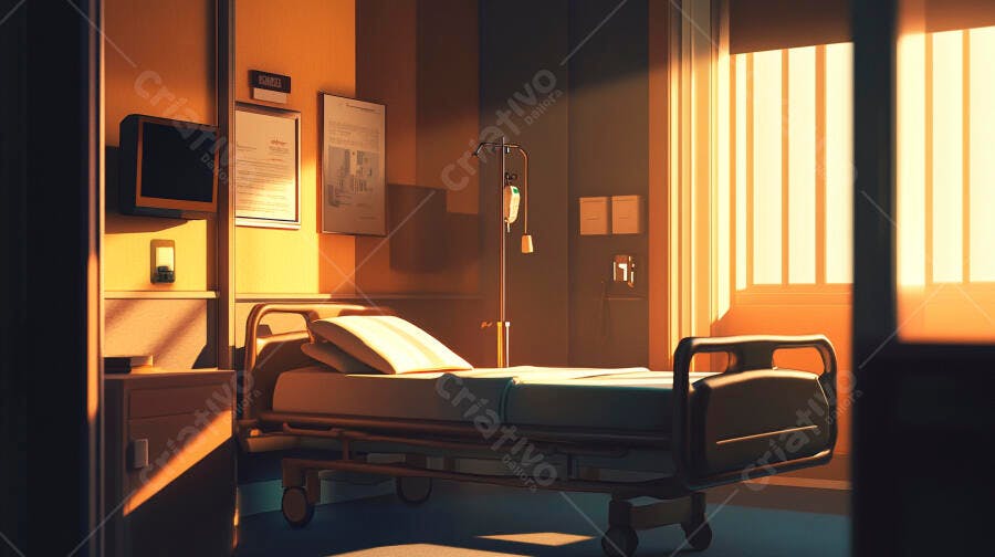 Quarto de hospital vazio luz dourada do sol cama e equipo de soro