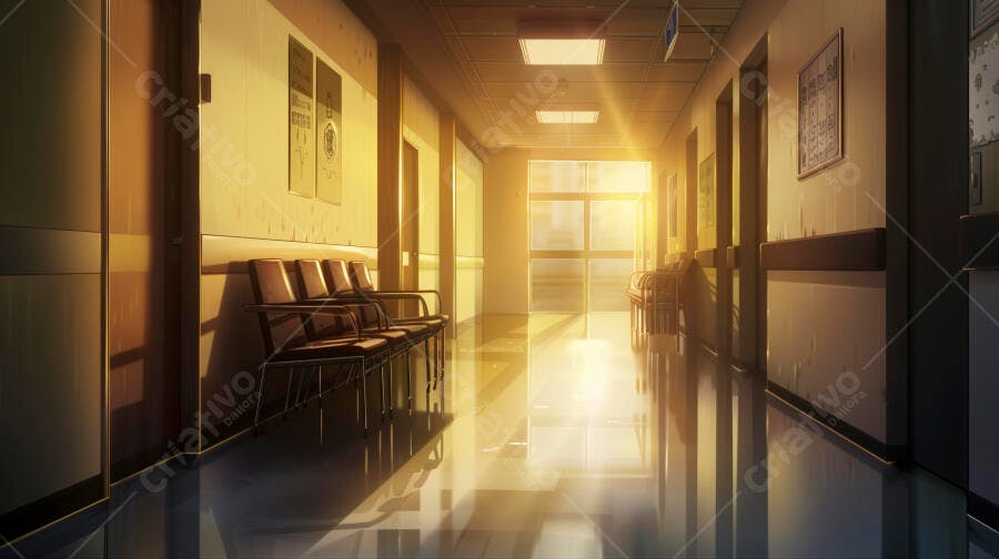 Corredor ensolarado de hospital com cadeiras vazias no amanhecer