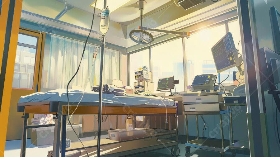 Hospital moderno leito de UTI com equipamentos médicos e luz do sol