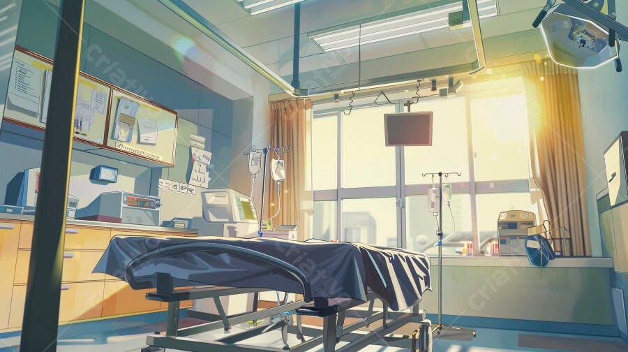 Sala de hospital vazia com luz solar intensa iluminando a janela
