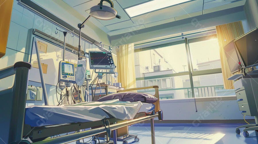 Leito de hospital vazio com equipamentos médicos luz solar intensa