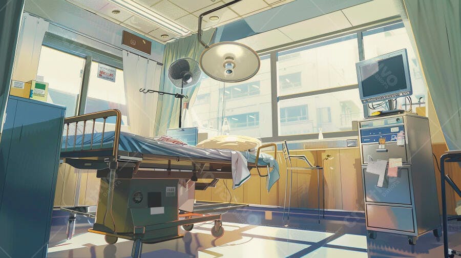 Quarto de hospital vazio iluminado por sol da manhã