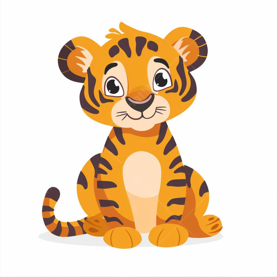 Tigre filhote laranja e preto sentado sorrindo ilustração fofa