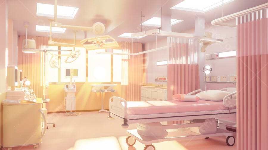 Quarto de hospital moderno com cama rosa e luz solar intensa