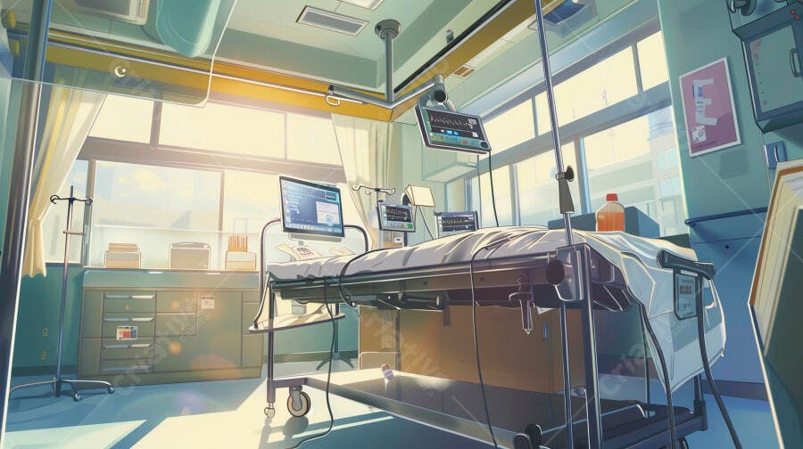 Sala de cirurgia vazia com monitores médicos e luz solar matinal