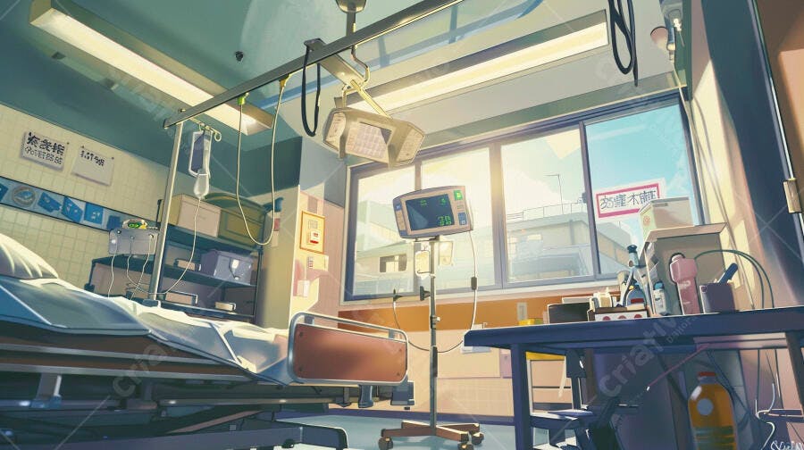 Quarto de hospital ensolarado e vazio com cama de paciente e monitor médico ilustração anime