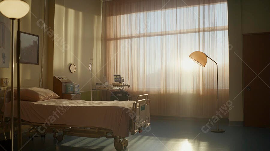 Quarto de hospital vazio com luz dourada do sol da manhã pela janela