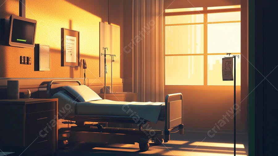 Quarto de hospital vazio com luz dourada do amanhecer