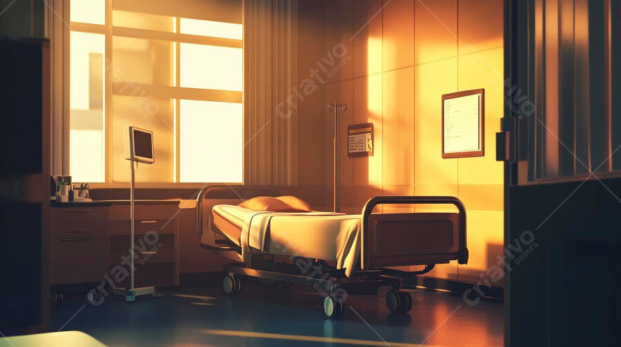 Quarto de hospital vazio com cama luz solar dourada entrando pela janela ampla