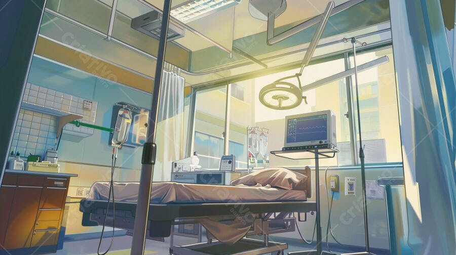 Quarto de hospital vazio com cama e equipamentos médicos sob luz solar