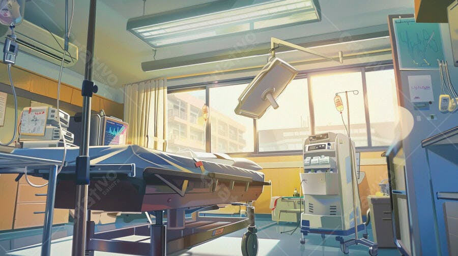 Ambiente de sala de cirurgia vazia com maca e equipamentos médicos sob luz solar