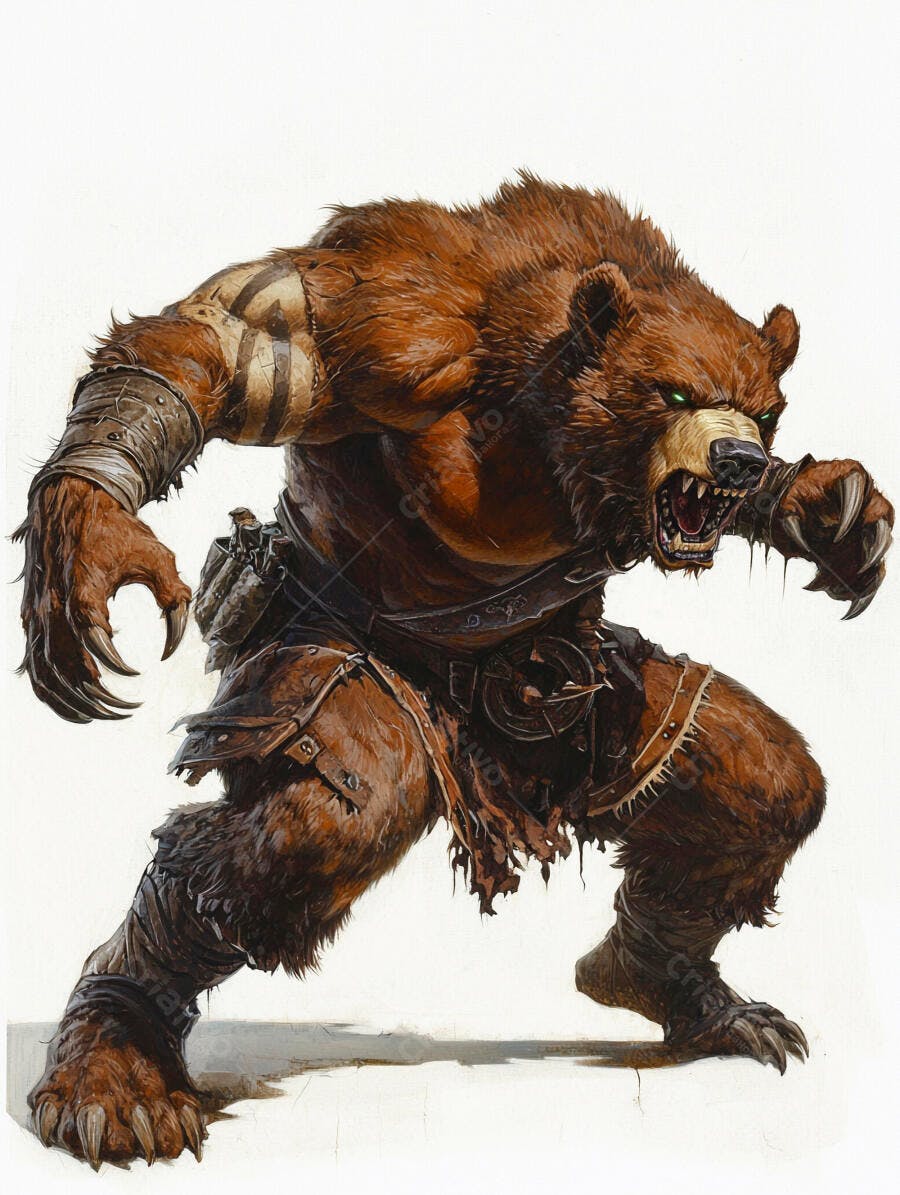 Urso guerreiro feroz com pelo marrom armadura tribal e olhos verdes brilhantes