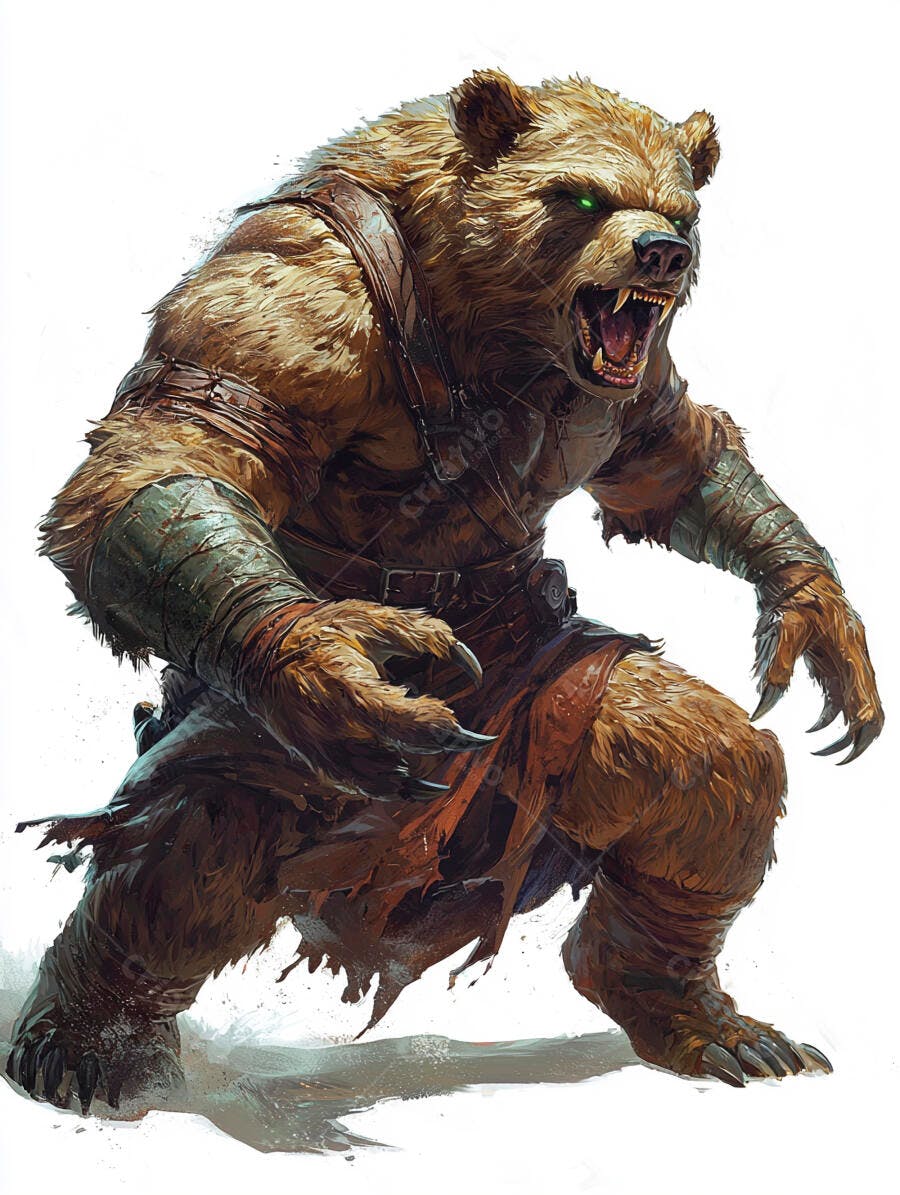 Bestial homem-urso musculoso com olhos verdes e armadura de couro