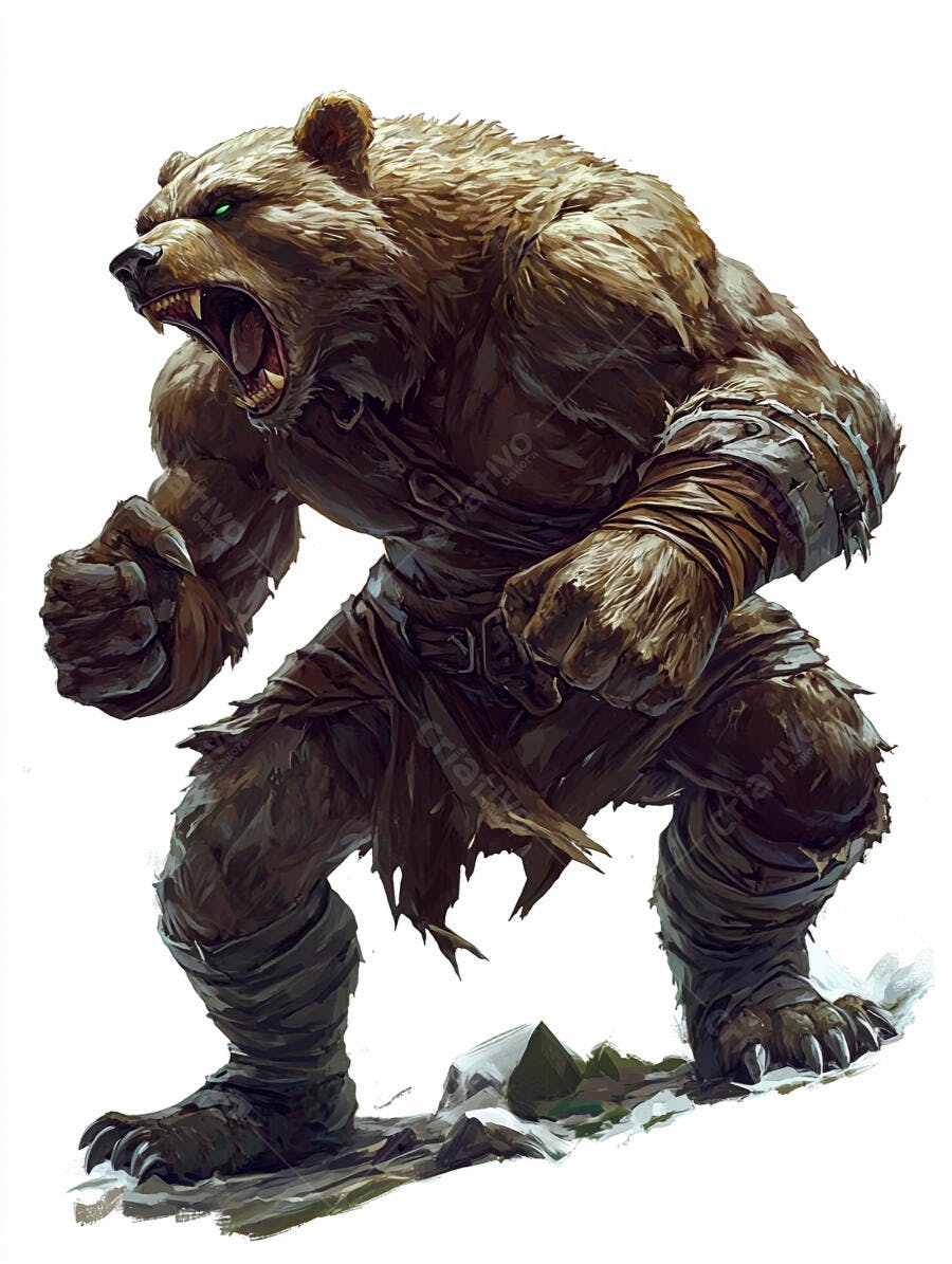 Urso guerreiro bípede rugindo com olhos verdes ferozes