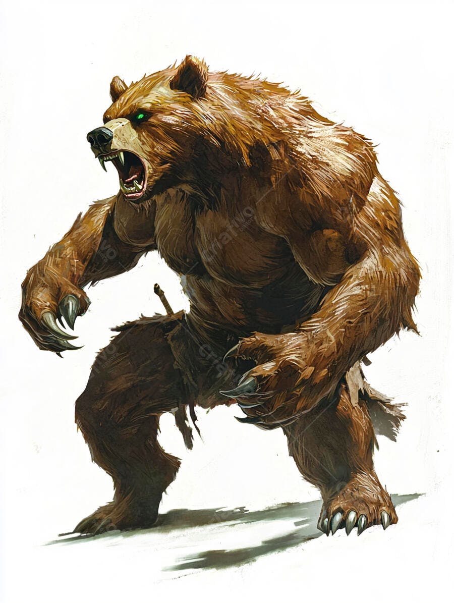 Urso musculoso pardo rosnando olhos verdes brilhantes ilustração de fantasia