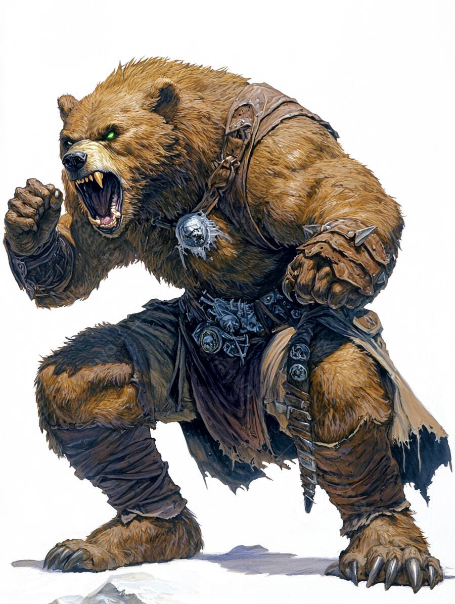 Urso guerreiro furioso com olhos verdes brilhantes e armadura de couro