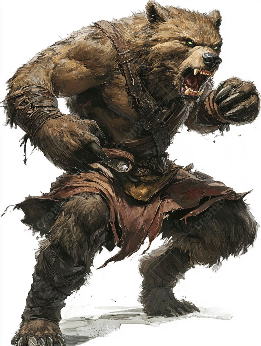 Urso guerreiro antropomórfico furioso com olhos verdes brilhantes pronto para atacar
