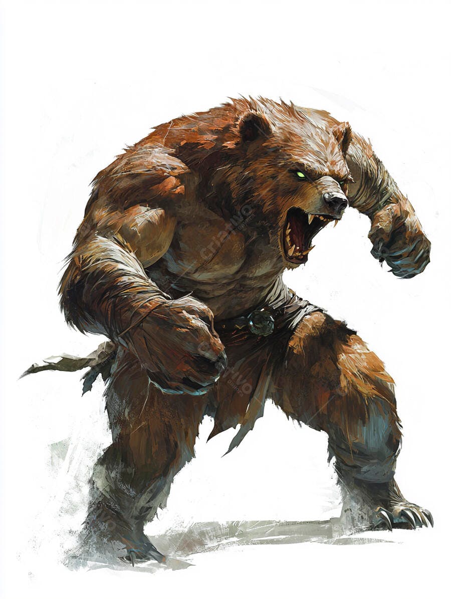 Criatura urso guerreiro rosnando com olhos verdes brilhantes em pose agressiva