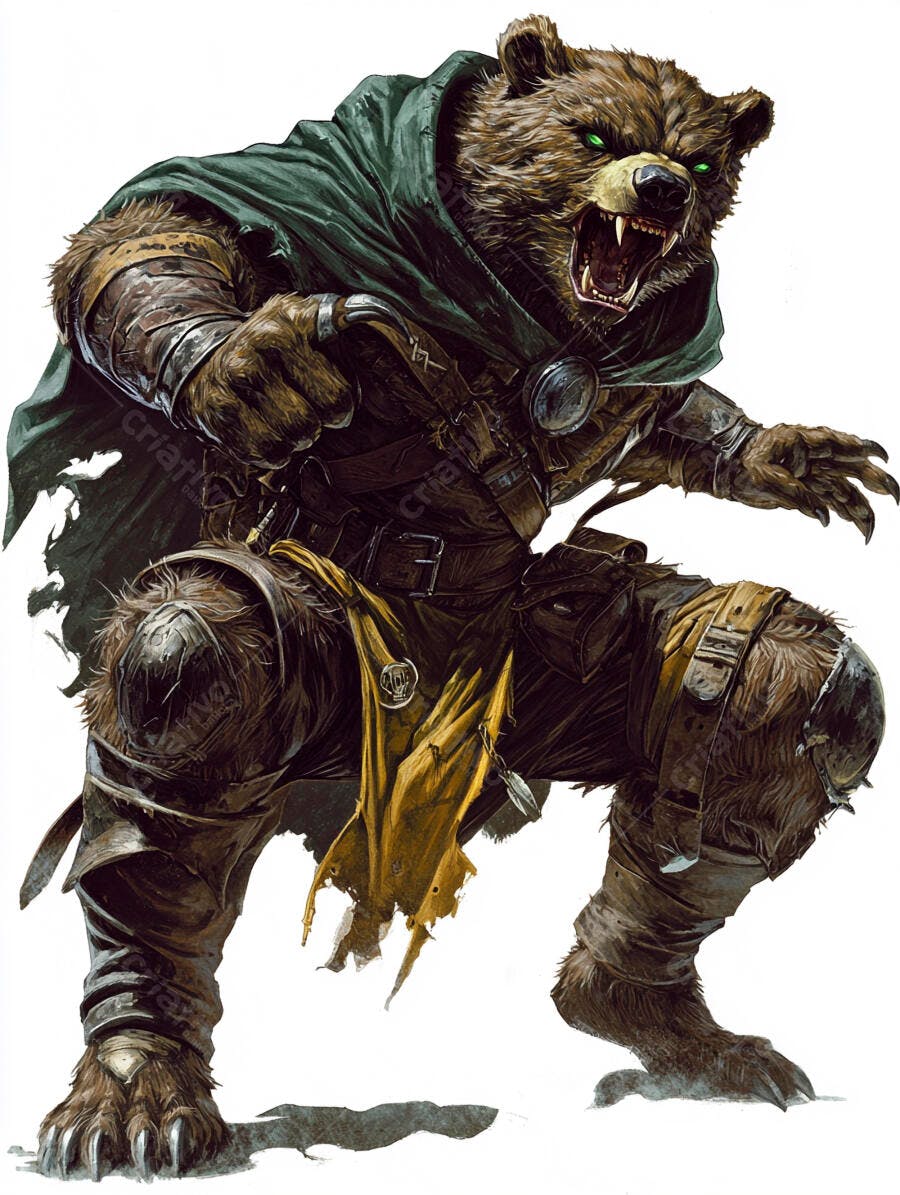 Urso guerreiro antropomórfico com olhos verdes brilhantes e armadura