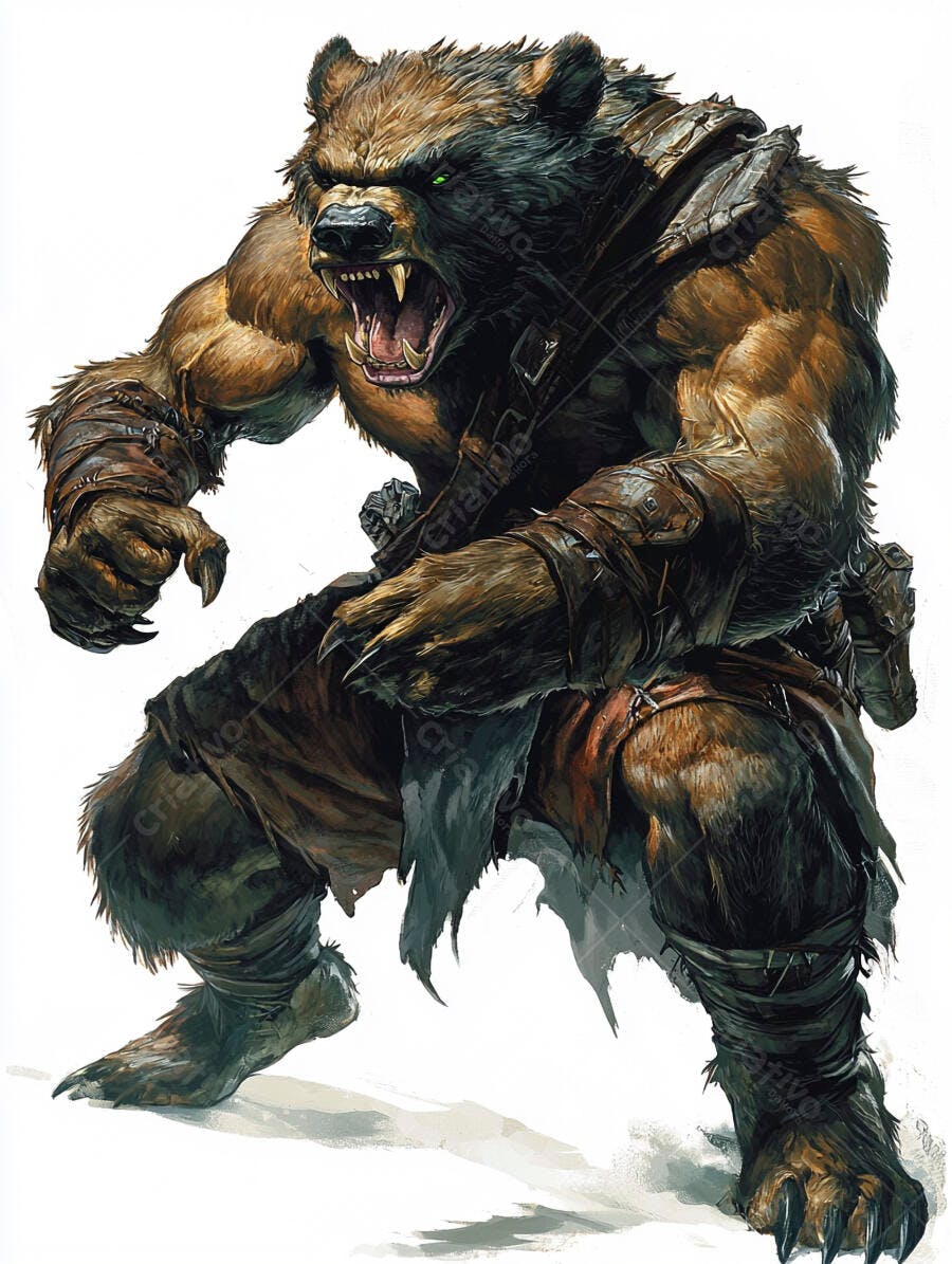 Urso guerreiro rosnando com armadura de couro em pose agressiva