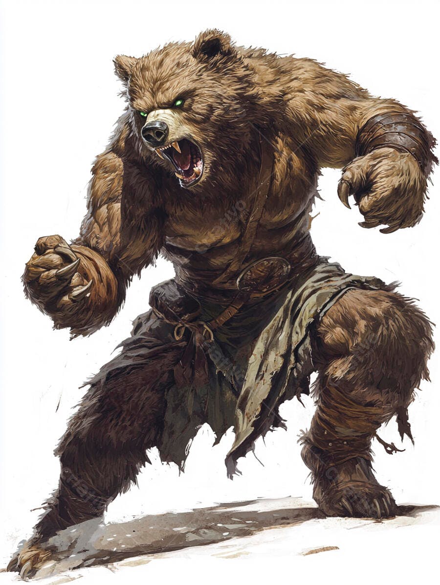 Urso humanoide furioso musculoso com olhos verdes brilhantes